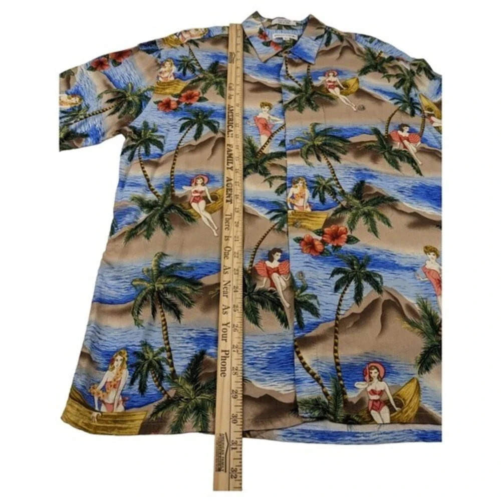 Pierre Cardin Men's Hawaiian Pin-Up Girl‎ Button Shirt Size L Blue Beach Rayon